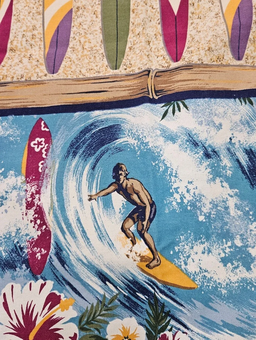 VTG Vohann Surfboard Hawaiian Floral Beach Sand Cars Cotton Shower Curtain 65X72
